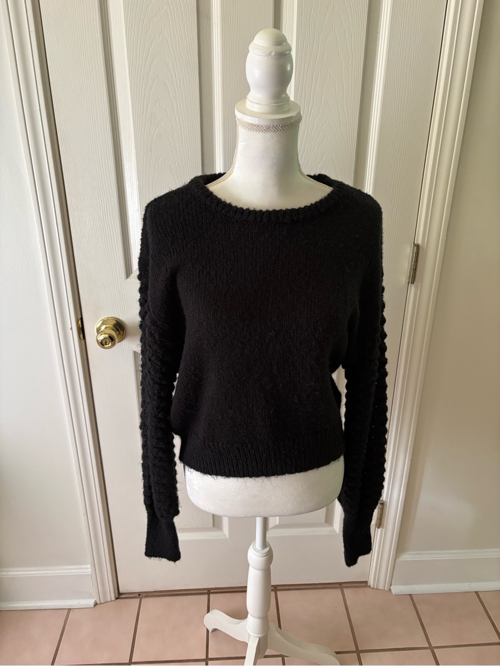 Melrose and Market Black Crewneck Sweater with Textured Sleeves